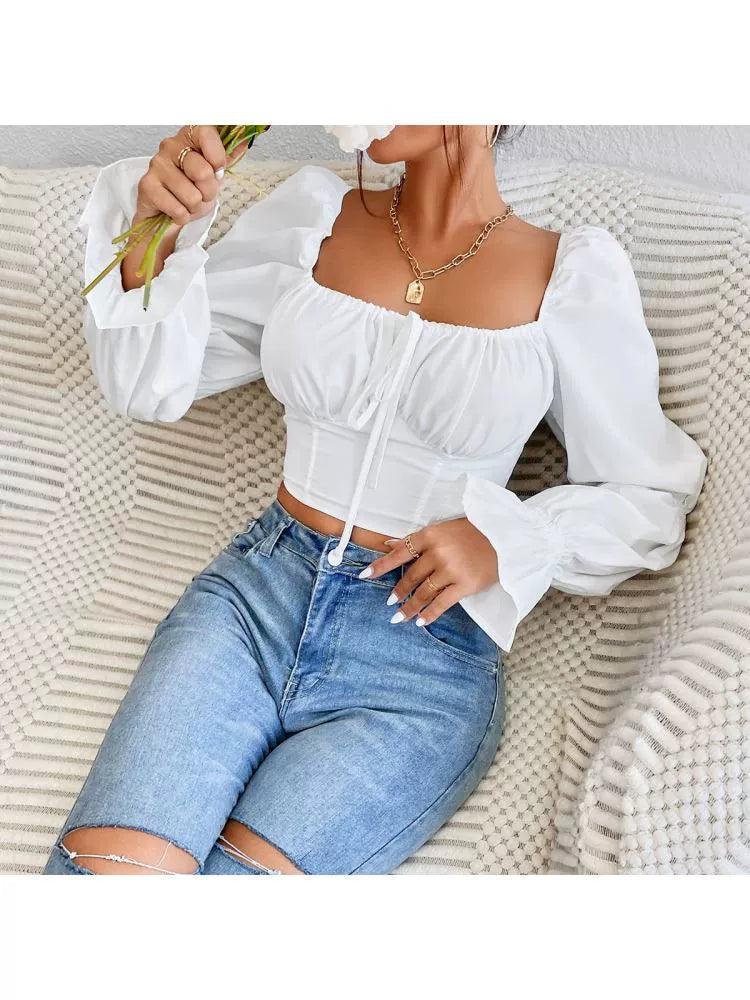 Slim Blouses Women Bow Backless Puff Long Sleeve Crop Top - ClubOn