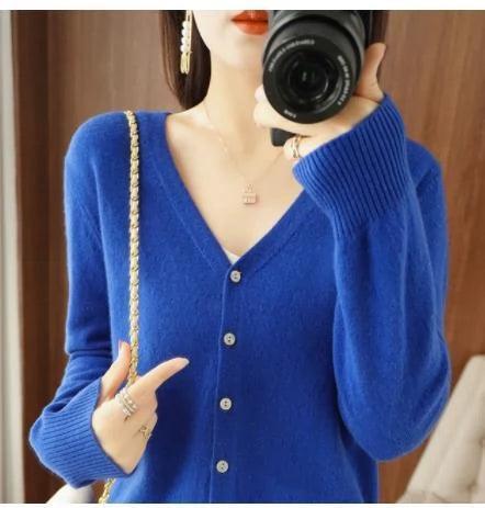 Spring Autumn Women’s Single-Breasted V-Neck Solid Cardigans - ClubOn