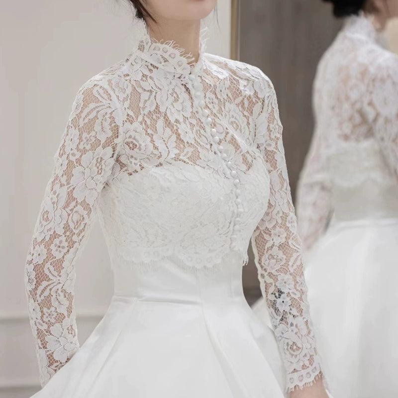 Wedding Dress Cape Shawl, Fashionable High Neck Lace Fitted Dress, Long Sleeve Top for Bride, Wedding Certificate Jacket - ClubOn