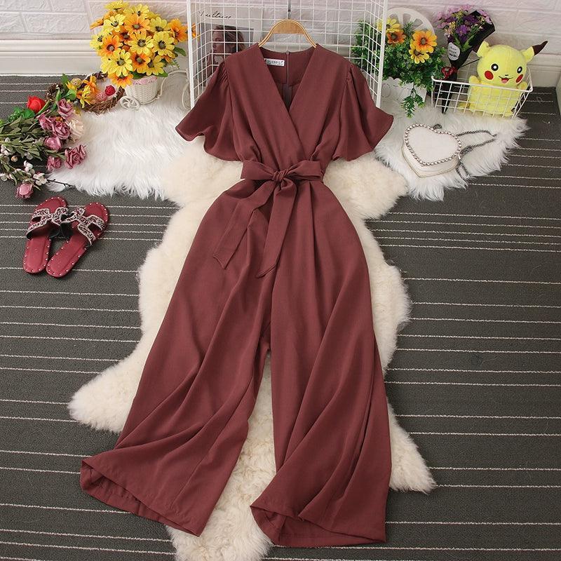 Korean INS V-Neck Tie Waist Jumpsuit for Women - ClubOn