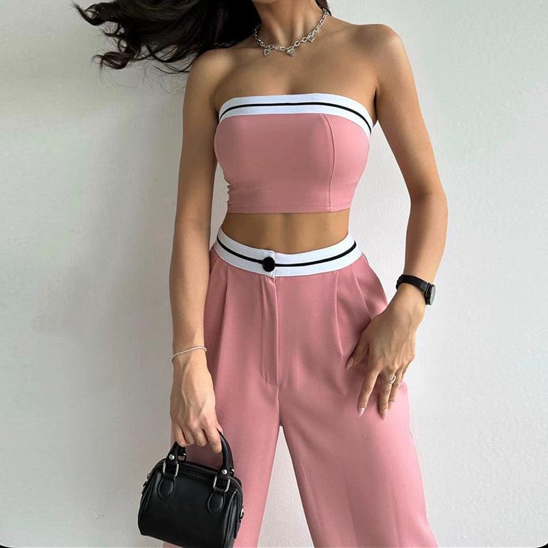 Women’s Sexy Two-Piece Set - Contrast Color Vest & Wide Leg Pants - ClubOn