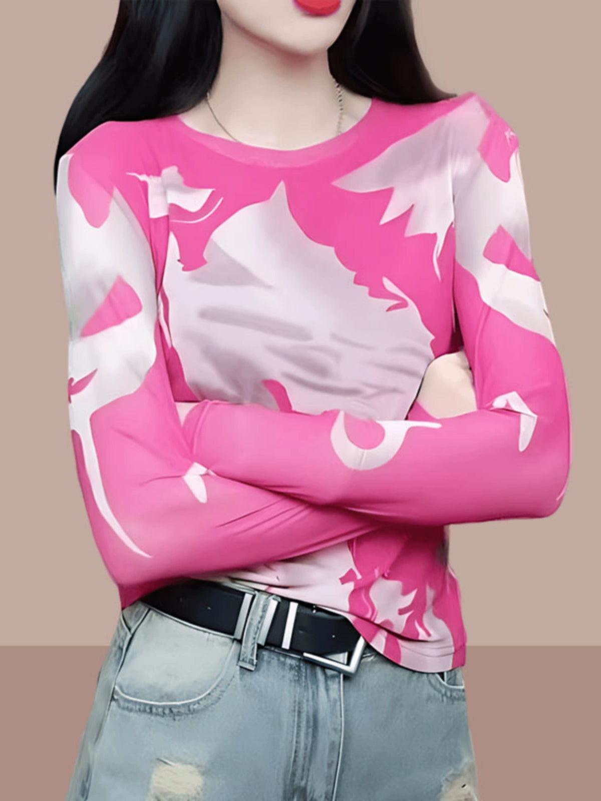 2024 Women's Round Neck Mesh Tie-Dye Long Sleeve Top - ClubOn