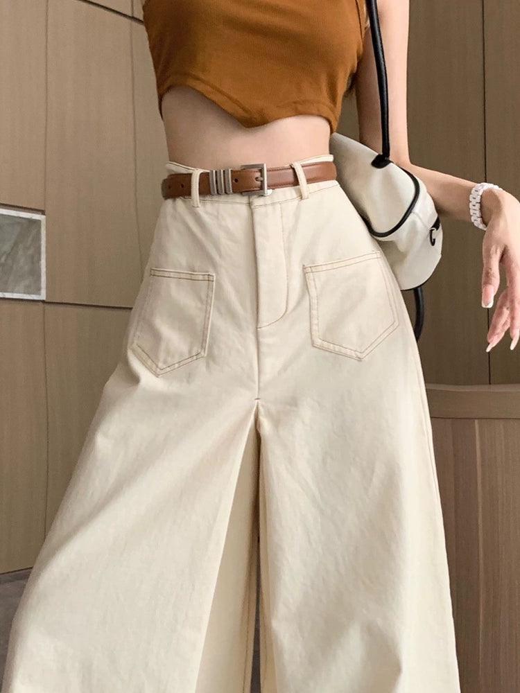 Retro Apricot White Wide-Leg Denim Pants for Women - ClubOn