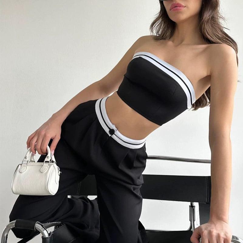Women’s Sexy Two-Piece Set - Contrast Color Vest & Wide Leg Pants - ClubOn