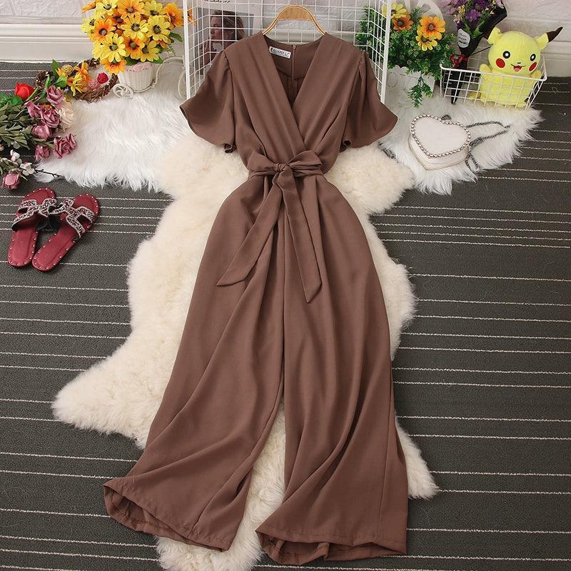 Korean INS V-Neck Tie Waist Jumpsuit for Women - ClubOn