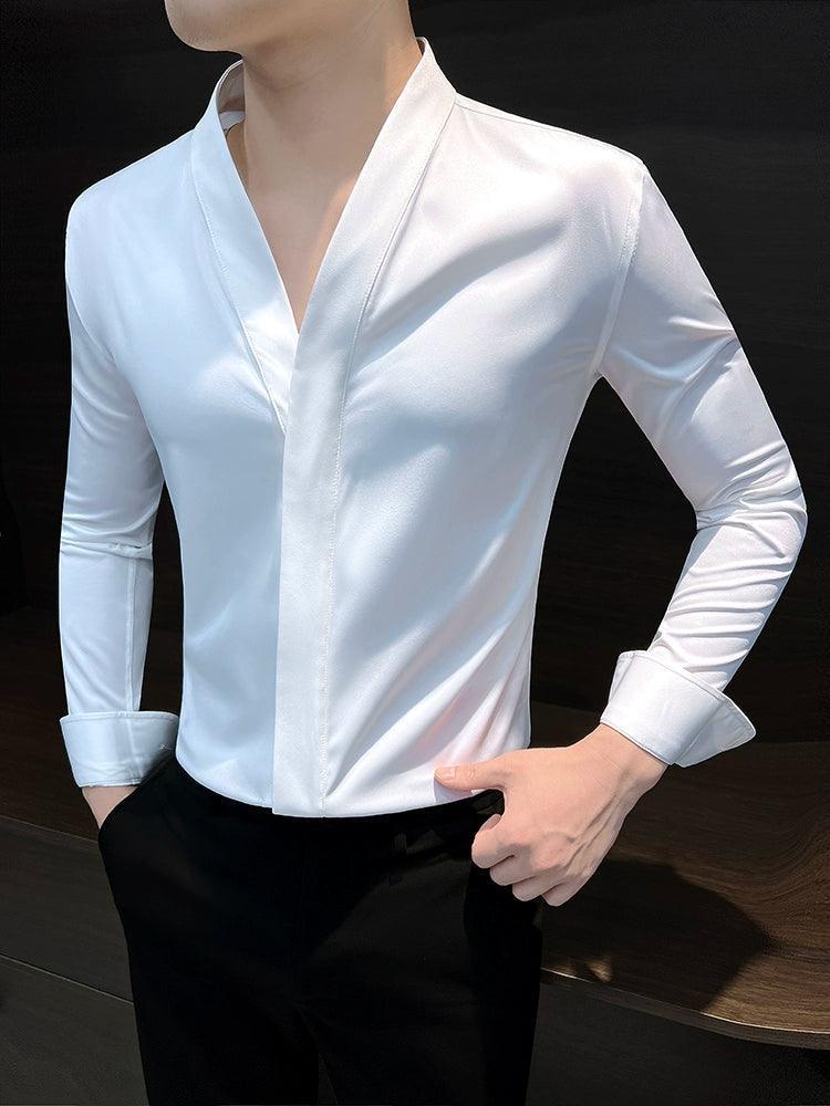 V-neck Ice Silk Shirt for Men - High-End Collarless Shirt for Summer - ClubOn