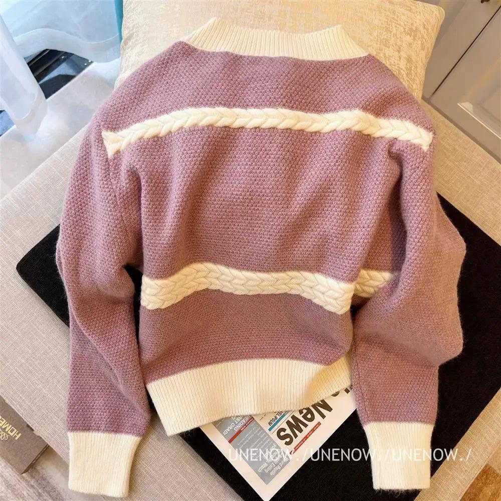 Chambray Taro Color Sweater Cardigan - Korean Style Knitwear - ClubOn