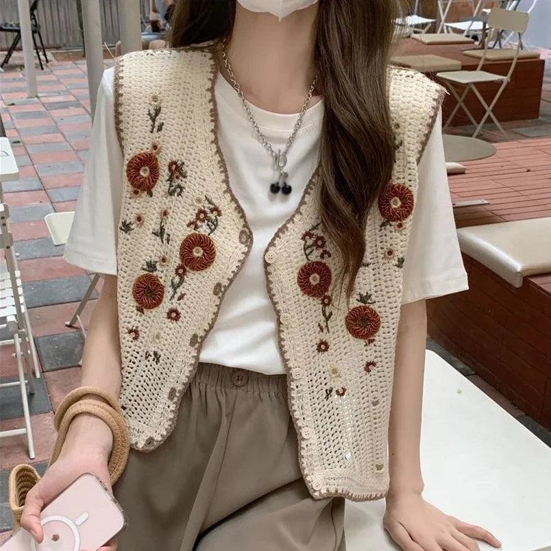 Pastoral Style Embroidered Crochet Flower Vest - Vintage Top - ClubOn