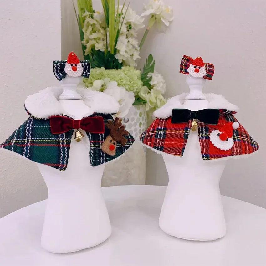 Plaid Christmas Dog Bandana Collar with Hairpin Set - ClubOn