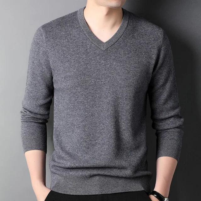 TFETTERS Men's V-Neck Long Sleeve Stretch Knit Sweater - Spring Autumn Business Classic Pullover - ClubOn
