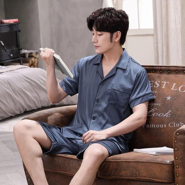 Summer Men's Ice Silk Pajama Set - Short Sleeve Satin Sleepwear (Two-Piece) - ClubOn