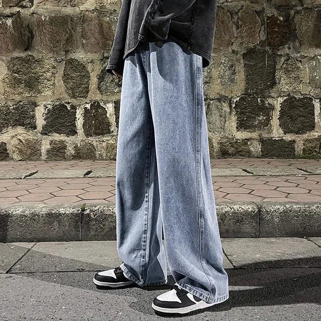 Men's Korean Style Wide Leg Jeans - Casual Loose Fit High Street Denim - ClubOn