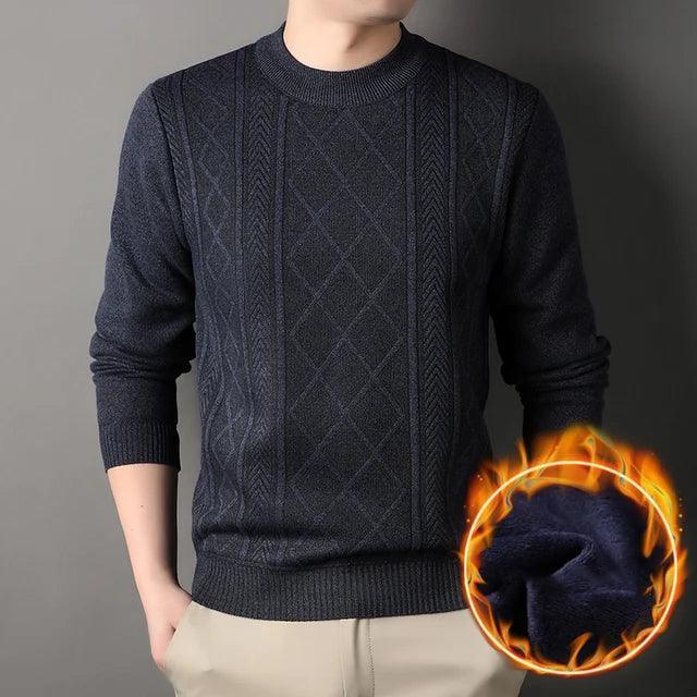 Winter Men's Plush Knitted Sweater - Round Neck, Thick, Warm, Solid Color Casual Sweater - ClubOn