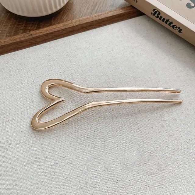 Korean Metal U-Shape Hair Pins – Elegant Heart Shaped Hair Sticks in Silver & Gold for Women - ClubOn