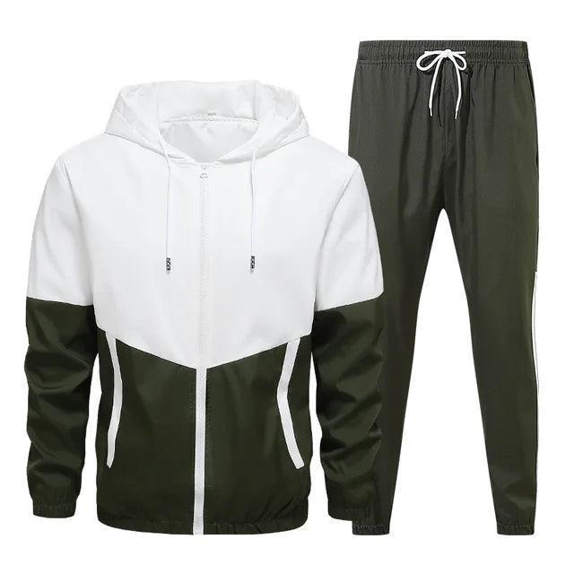 Men's Casual Patchwork Tracksuit - Hooded Jacket & Sweatpants - ClubOn