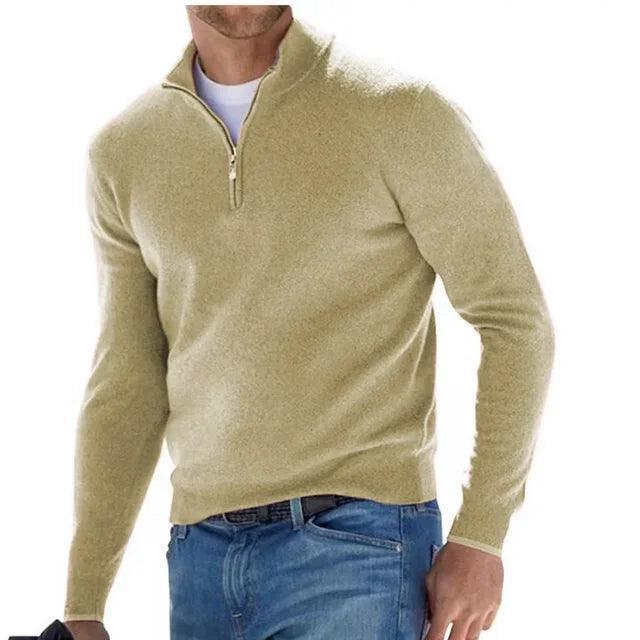 Men's Autumn Solid Color Half Zipper Slim V-neck Casual Sweater - Long Sleeve Winter Sweatshirt - ClubOn