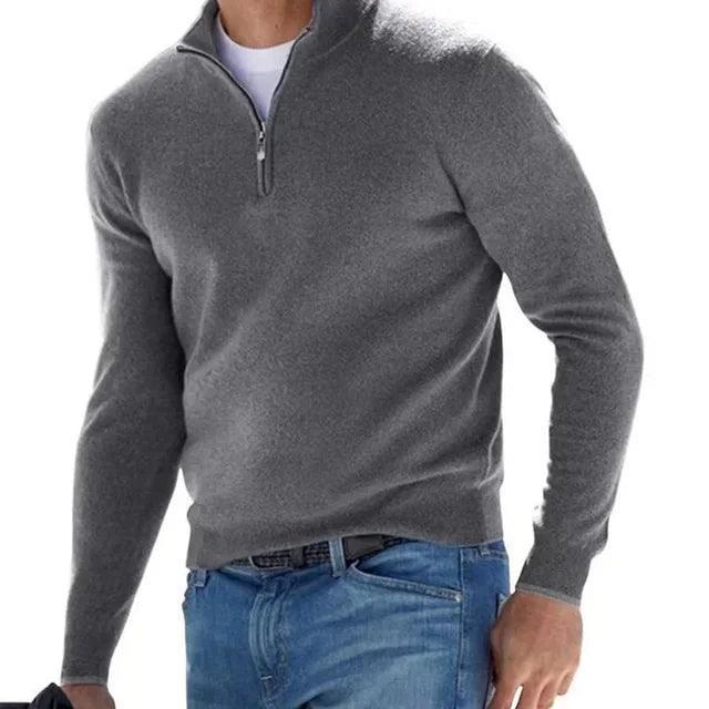 Men's Autumn Solid Color Half Zipper Slim V-neck Casual Sweater - Long Sleeve Winter Sweatshirt - ClubOn