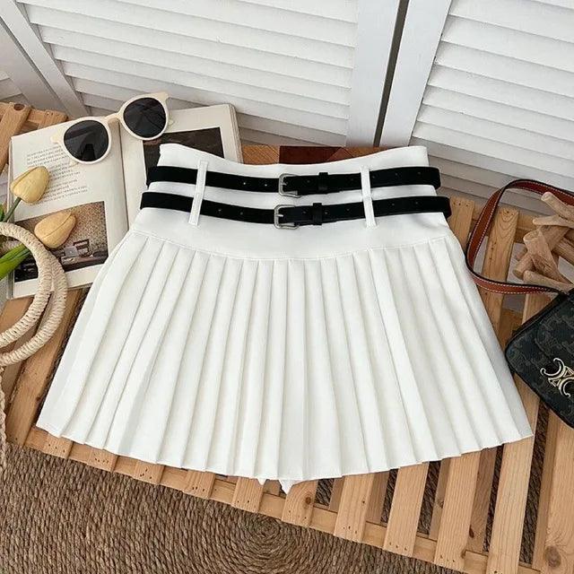 Women's Pleated Skirt with Double Belt Detail – High-Waisted Fashion Mini Skirt - ClubOn