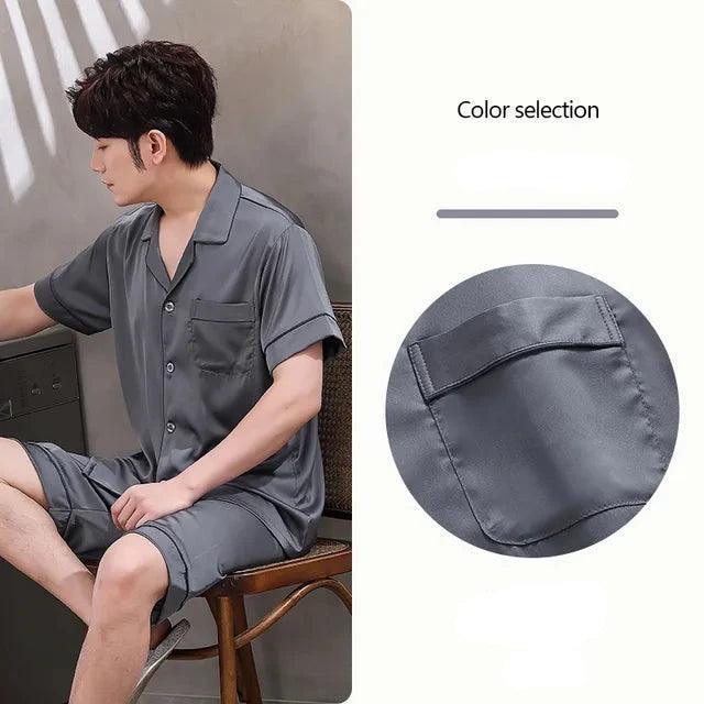 Summer Men's Ice Silk Pajama Set - Short Sleeve Satin Sleepwear (Two-Piece) - ClubOn