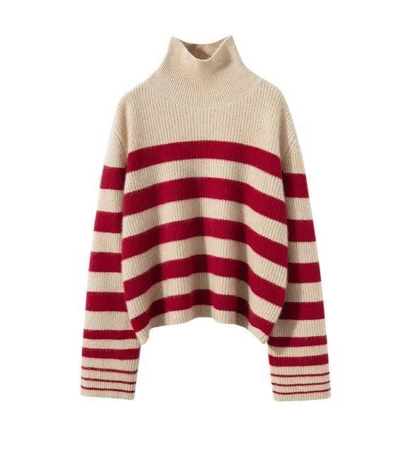 Vintage Retro Turtleneck Jumper - Striped Knitted Sweater - ClubOn