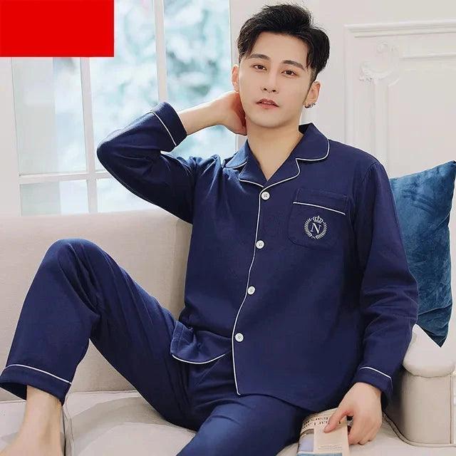Men's Long-Sleeve Cotton Pajama Set - Fashionable Spring/Autumn Homewear for Teens - ClubOn