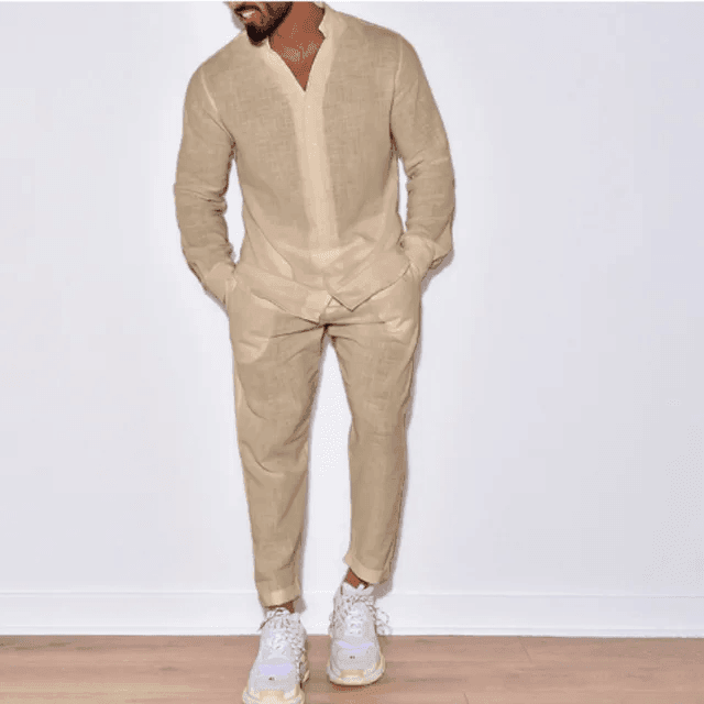 Men's Autumn Solid Color Suit - Cotton Cardigan & Pants Set - ClubOn