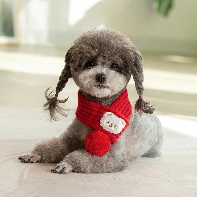 Red Knitted Dog Scarf with Fuzzy Pompom - ClubOn