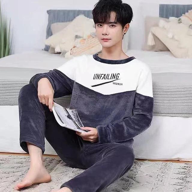 Men's Coral Fleece Sleepwear Set – Thickened Round Neck 2-Piece Long Sleeve Outfit with Fashion Print - ClubOn