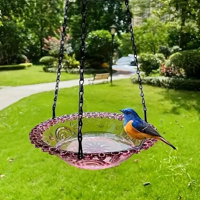 Hanging Bird Bath Feeder Set with Chain – Floral Design Outdoor Garden Decor - ClubOn