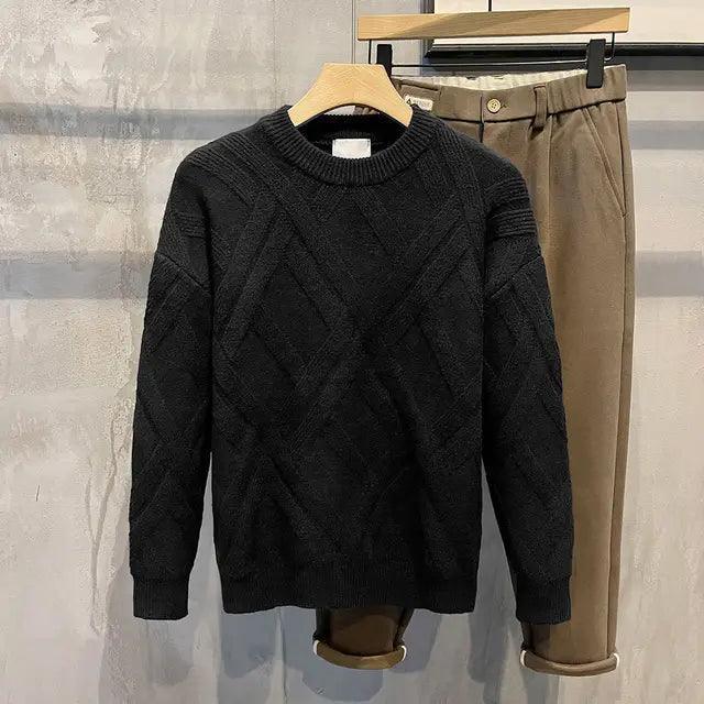 Oversize Plaid Round Neck Sweater for Men - Versatile Knit - ClubOn