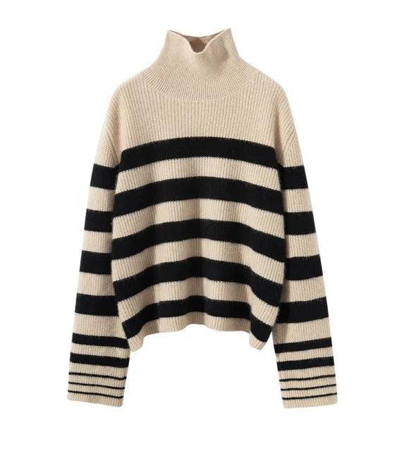 Vintage Retro Turtleneck Jumper - Striped Knitted Sweater - ClubOn