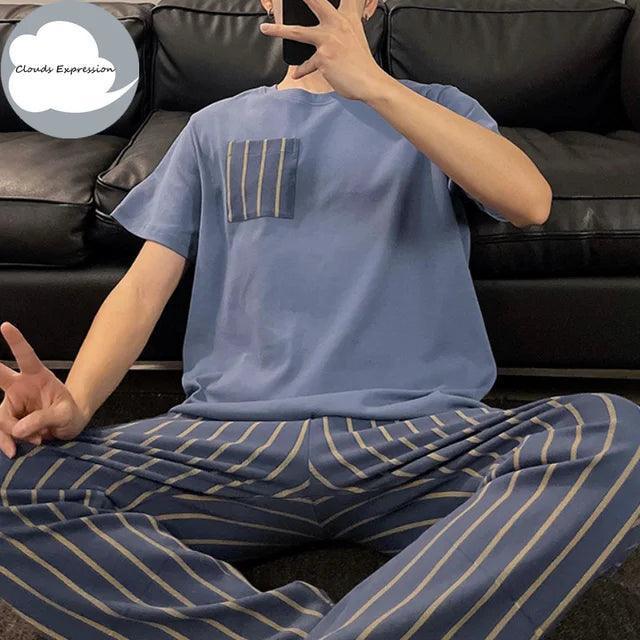 Men's Summer Knitted Plaid Pajama Set - Casual Cool Lounge PJs - ClubOn