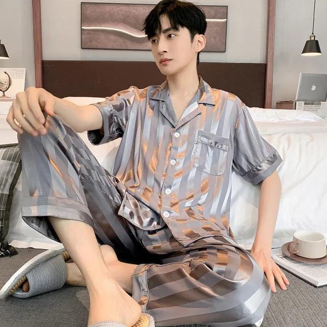 Men's Long-Sleeved Satin Pajama Set - Luxurious Ice Silk Summer Sleepwear Suit - ClubOn
