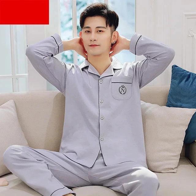 Men's Long-Sleeve Cotton Pajama Set - Fashionable Spring/Autumn Homewear for Teens - ClubOn