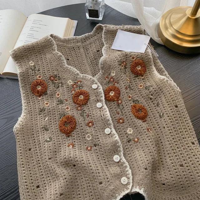 Pastoral Style Embroidered Crochet Flower Vest - Vintage Top - ClubOn