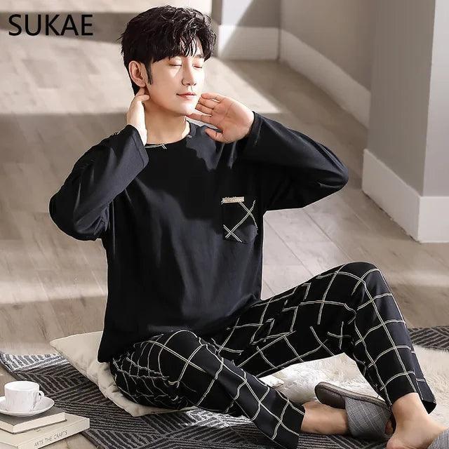 SUKAE Luxury Navy Cotton Men's Pajama Set – Minimalist Long Sleeves for Autumn/Winter - ClubOn