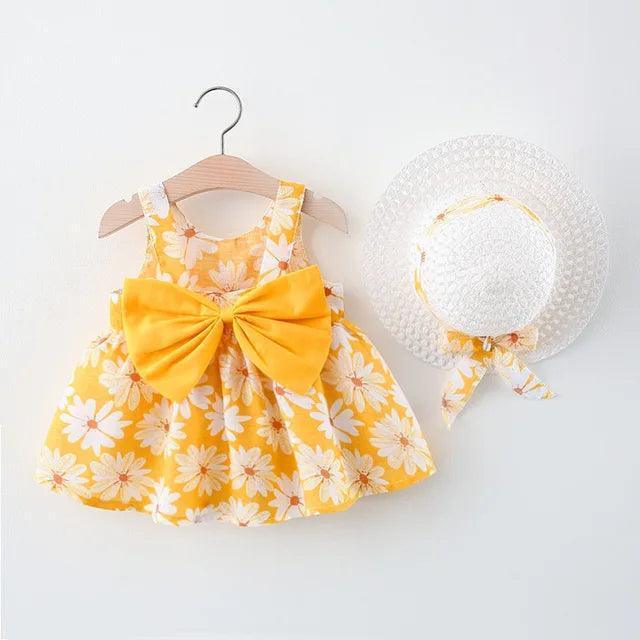 Summer Toddler Girl Cotton Suspender Dress & Sun Hat Set - ClubOn