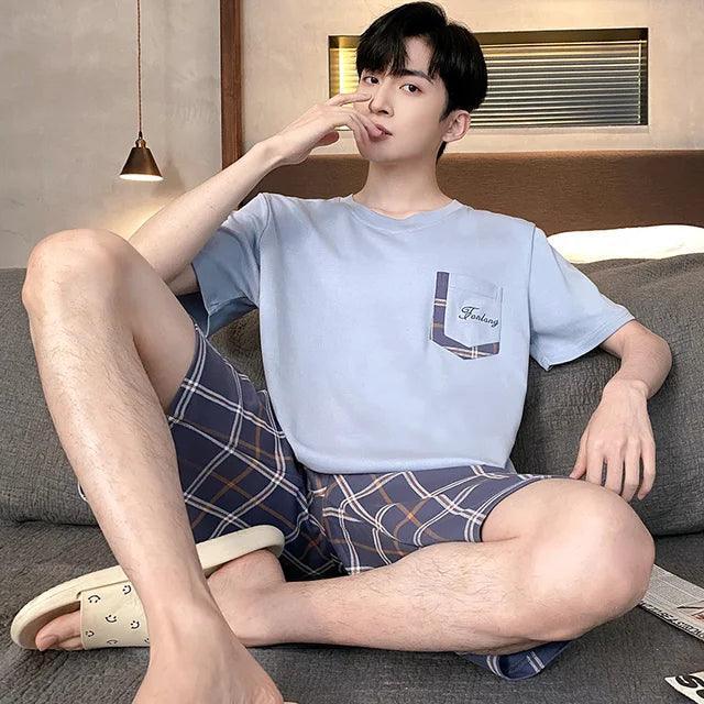 Summer Men's Plus Size Cotton Pajamas Set – Short Sleeve Plaid Lounge Wear - ClubOn