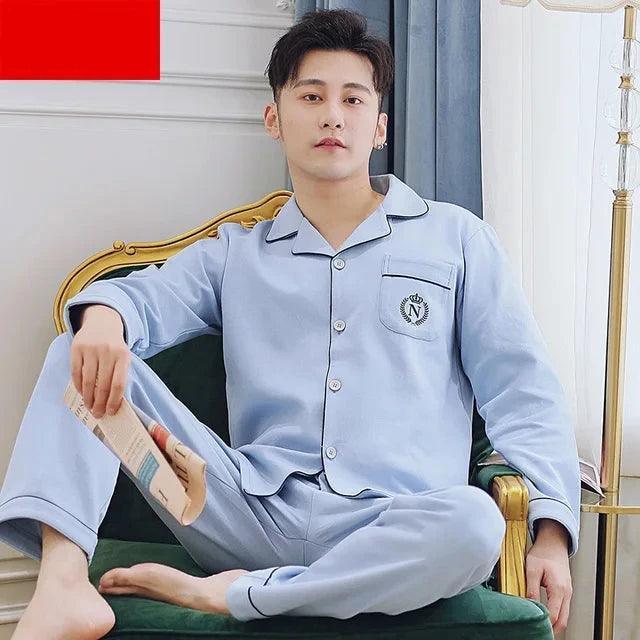 Men's Long-Sleeve Cotton Pajama Set - Fashionable Spring/Autumn Homewear for Teens - ClubOn
