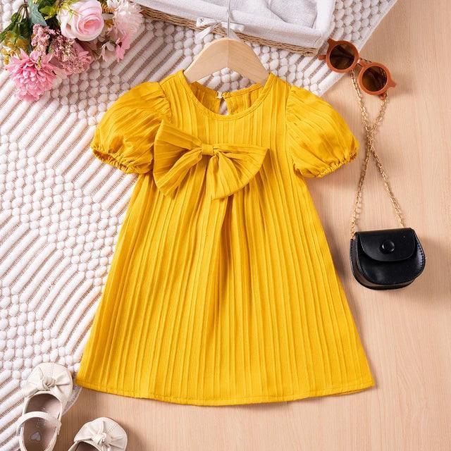 Solid Color Bubble Sleeve Dress with Bow for Girls - ClubOn