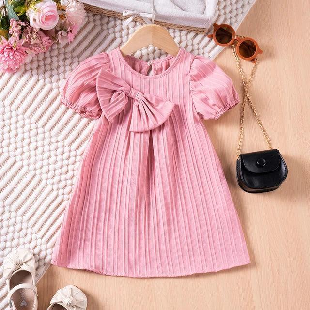 Solid Color Bubble Sleeve Dress with Bow for Girls - ClubOn
