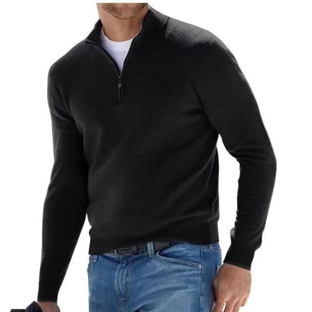 Men's Autumn Solid Color Half Zipper Slim V-neck Casual Sweater - Long Sleeve Winter Sweatshirt - ClubOn