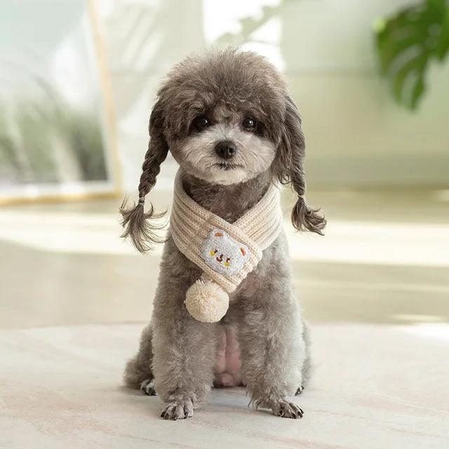 Red Knitted Dog Scarf with Fuzzy Pompom - ClubOn