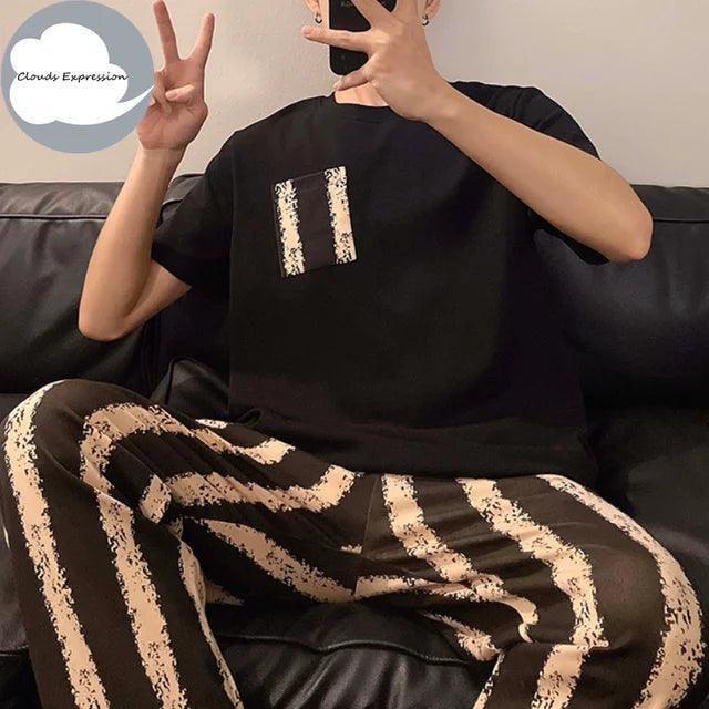 Men's Summer Knitted Plaid Pajama Set - Casual Cool Lounge PJs - ClubOn