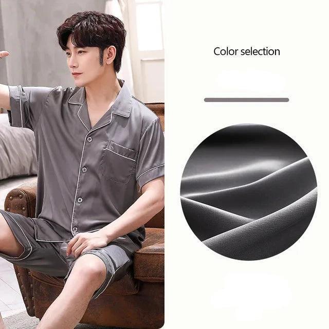 Summer Men's Ice Silk Pajama Set - Short Sleeve Satin Sleepwear (Two-Piece) - ClubOn