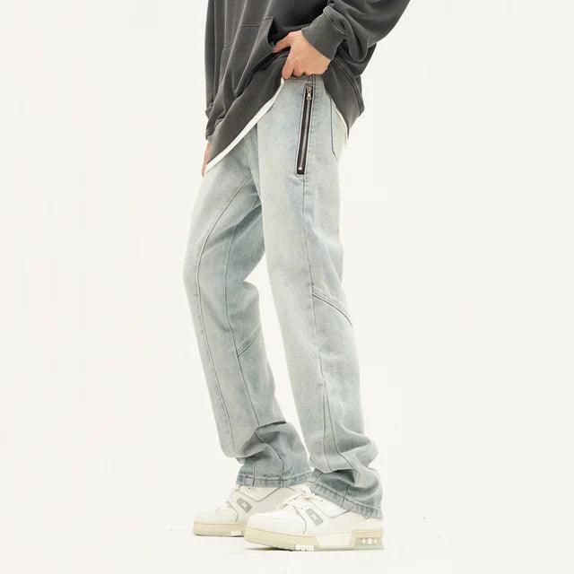 Men's Washed-Out Distressed Denim Jeans - Casual Blue Streetwear Vintage Zip Pocket Pants - ClubOn