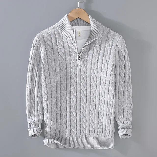 Men's Half-Zip Stand Collar Sweater - Thick Cotton Knit - ClubOn