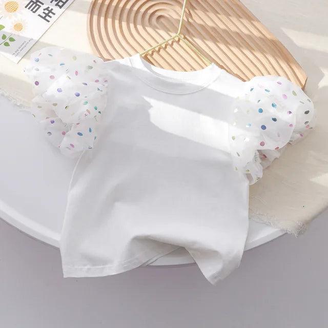 Summer Girls Puff Sleeve Polka Dot Cotton Top - ClubOn