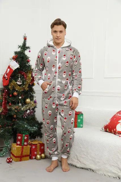 Winter Men’s Hooded Flannel Onesies - Christmas Grey Print - ClubOn