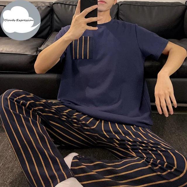 Men's Summer Knitted Plaid Pajama Set - Casual Cool Lounge PJs - ClubOn